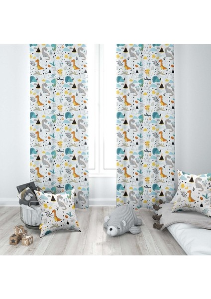 Renkli Dinazorlar,beyaz, Turuncu, Yeşil, Ithal Kumaş, Çocuk ve Bebek Odası Fon Perde - 1 Kanat