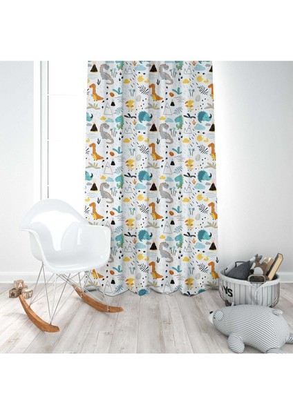 Renkli Dinazorlar,beyaz, Turuncu, Yeşil, Ithal Kumaş, Çocuk ve Bebek Odası Fon Perde - 1 Kanat modelleri