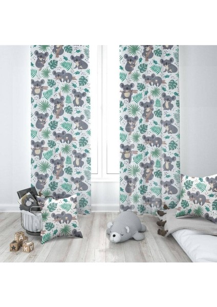 Sevimli Bebek Koala, Yeşil, Gri, Ithal Kumaş, Çocuk ve Bebek Odası Fon Perde - 1 Kanat