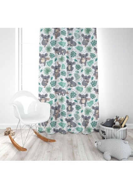 Sevimli Bebek Koala, Yeşil, Gri, Ithal Kumaş, Çocuk ve Bebek Odası Fon Perde - 1 Kanat modelleri