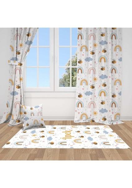 Şirin Arı, Beyaz, Sarı, Mavi, Ithal Kumaş, Çocuk ve Bebek Odası Fon Perde - 1 Kanat