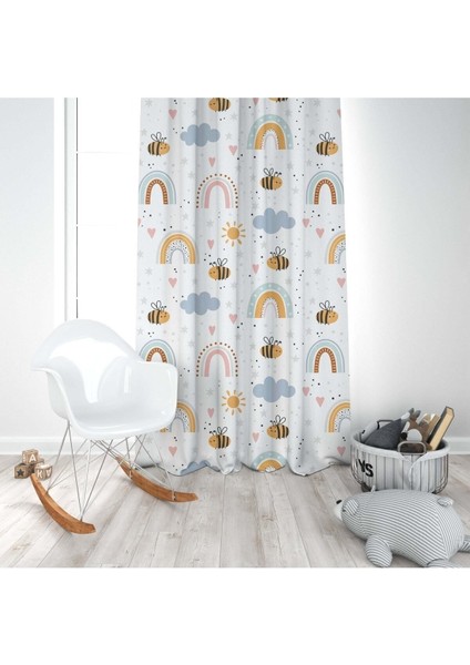 Şirin Arı, Beyaz, Sarı, Mavi, Ithal Kumaş, Çocuk ve Bebek Odası Fon Perde - 1 Kanat modelleri