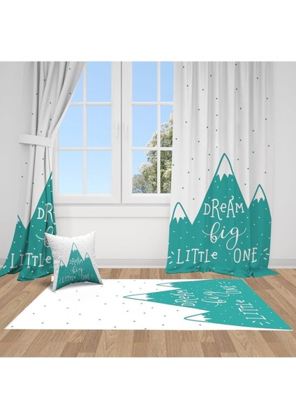 Iskandinav Stili Dağlar, Beyaz, Turkuaz, Ithal Kumaş, Çocuk ve Bebek Odası Fon Perde - 1 Kanat