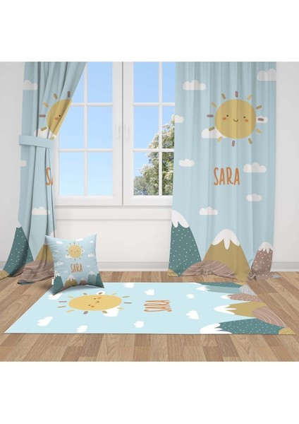 Dağlar, Güneş, Bulut, Mavi, Sarı, Ithal Kumaş, Çocuk ve Bebek Odası Fon Perde - 1 Kanat