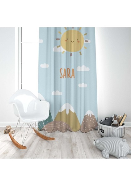 Dağlar, Güneş, Bulut, Mavi, Sarı, Ithal Kumaş, Çocuk ve Bebek Odası Fon Perde - 1 Kanat modelleri