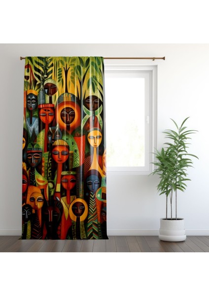 Afrikalı, Modern Tasarım, Yeşil, Turuncu, Kahverengi, Oturma Odası, Salon, Fon Perde - 1 Kanat
