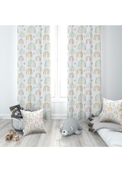 Gökkuşağı ve Kalpler, Sarı, Gri, Yeşil, Ithal Kumaş, Çocuk Odası, Bebek Odası Fon Perde - 1 Kanat