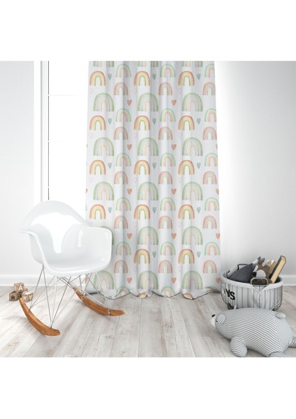 Gökkuşağı ve Kalpler, Sarı, Gri, Yeşil, Ithal Kumaş, Çocuk Odası, Bebek Odası Fon Perde - 1 Kanat modelleri