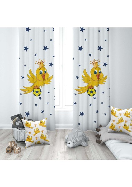 Sarı Kanarya, Lacivert, Sarı, Beyaz, Ithal Kumaş, Çocuk Odası, Bebek Odası Fon Perde - 1 Kanat