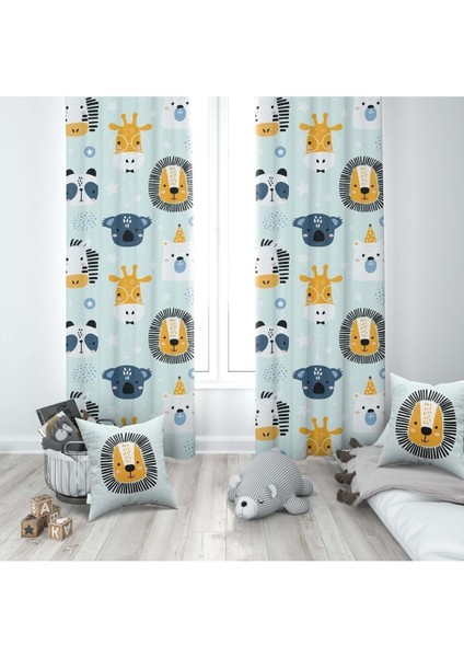 Safari Hayvanları, Aslan, Zürafa, Yeşil, Sarı, Ithal Kumaş, Çocuk ve Bebek Odası Fon Perde - 1 Kanat
