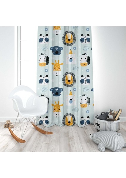 Safari Hayvanları, Aslan, Zürafa, Yeşil, Sarı, Ithal Kumaş, Çocuk ve Bebek Odası Fon Perde - 1 Kanat modelleri