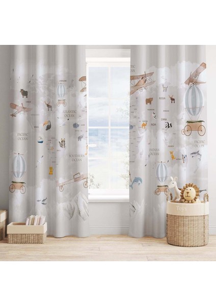 Atlas, Dünya Haritası, Gri, Kahverengi, Ithal Kumaş, Çocuk ve Bebek Odası Fon Perde - 1 Kanat