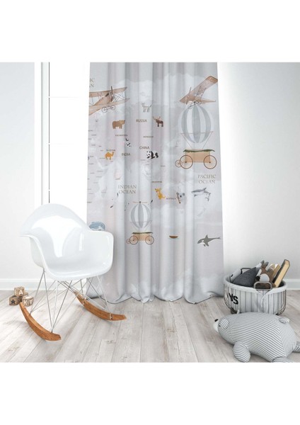 Atlas, Dünya Haritası, Gri, Kahverengi, Ithal Kumaş, Çocuk ve Bebek Odası Fon Perde - 1 Kanat modelleri