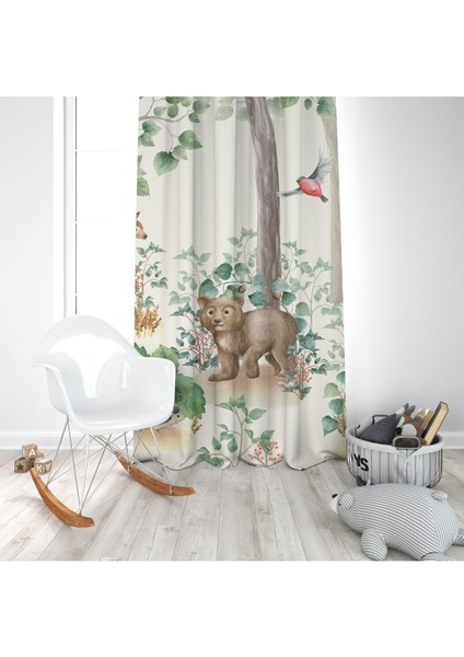 Iskandinav Stili Orman Hayvanları, Krem, Ithal Kumaş, Çocuk ve Bebek Odası Fon Perde - 1 Kanat modelleri