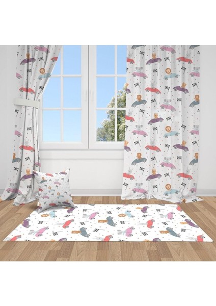 Renkli Yarış Arabaları, Beyaz, Ithal Kumaş, Çocuk ve Bebek Odası Fon Perde - 1 Kanat