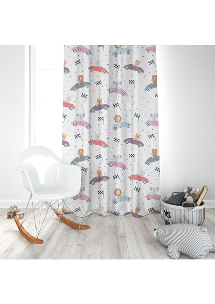 Renkli Yarış Arabaları, Beyaz, Ithal Kumaş, Çocuk ve Bebek Odası Fon Perde - 1 Kanat modelleri