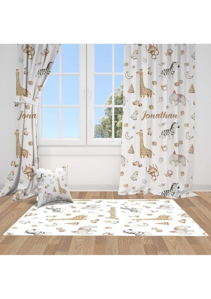 Safari Hayvanları, Zürafa, Fil, Beyaz, Ithal Kumaş, Çocuk ve Bebek Odası Fon Perde - 1 Kanat