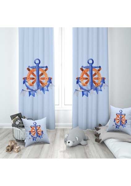 Mavi, Denizci, Ithal Kumaş, Çocuk ve Bebek Odası Fon Perde - 1 Kanat