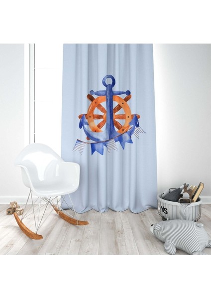 Mavi, Denizci, Ithal Kumaş, Çocuk ve Bebek Odası Fon Perde - 1 Kanat modelleri