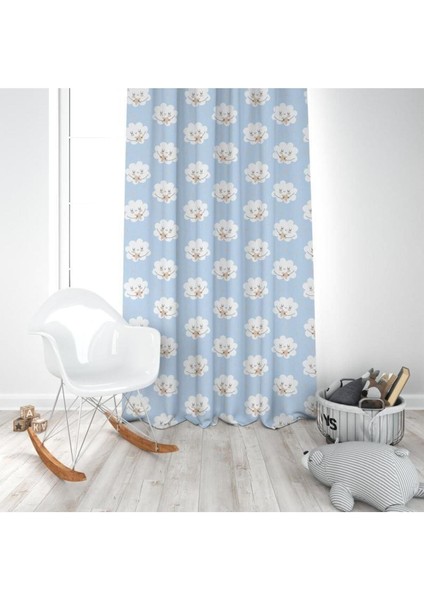 Gülen Bulutlar ve Yıldızlar, Mavi, Beyaz, Ithal Kumaş, Çocuk ve Bebek Odası Fon Perde - 1 Kanat modelleri