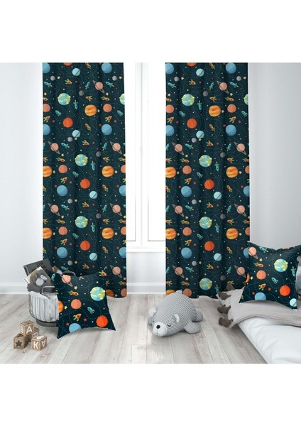 Renkli Gezegenler, Siyah, Ithal Kumaş, Çocuk ve Bebek Odası Fon Perde - 1 Kanat