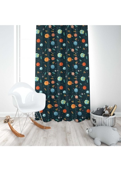 Renkli Gezegenler, Siyah, Ithal Kumaş, Çocuk ve Bebek Odası Fon Perde - 1 Kanat modelleri