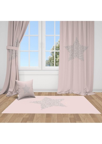 Parlayan Altın Yıldız, Pembe, Gri, Ithal Kumaş, Çocuk ve Bebek Odası Fon Perde - 1 Kanat
