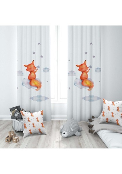 Sulu Boya Efektli, Yıldız Tutan Tilki, Beyaz, Turuncu, Çocuk ve Bebek Odası Fon Perde - 1 Kanat