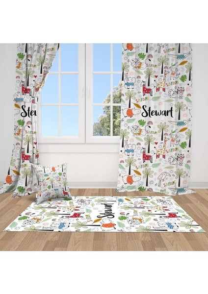 Iskandinav Stili, Hayvanlar, Beyaz, Yeşil, Çocuk ve Bebek Odası Fon Perde - 1 Kanat