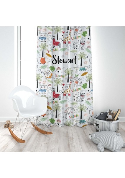 Iskandinav Stili, Hayvanlar, Beyaz, Yeşil, Çocuk ve Bebek Odası Fon Perde - 1 Kanat modelleri