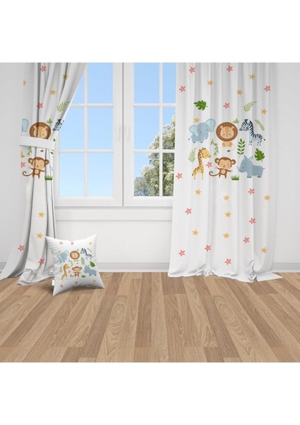 Sevimli Hayvanlar, Beyaz, Mavi, Ithal Kumaş, Çocuk ve Bebek Odası Fon Perde - 1 Kanat