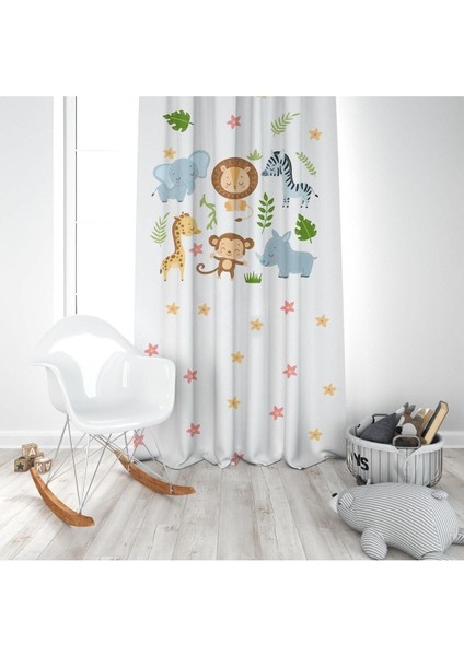 Sevimli Hayvanlar, Beyaz, Mavi, Ithal Kumaş, Çocuk ve Bebek Odası Fon Perde - 1 Kanat modelleri