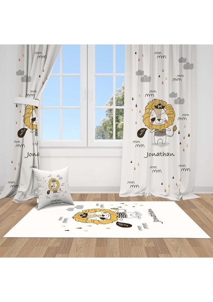 Korsan Aslan, Beyaz,sarı, Ithal Kumaş, Çocuk ve Bebek Odası Fon Perde - 1 Kanat