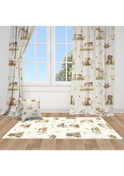 Soft Orman Hayvanları, Krem, Yeşil, Tilki, Ithal Kumaş, Çocuk ve Bebek Odası Fon Perde - 1 Kanat