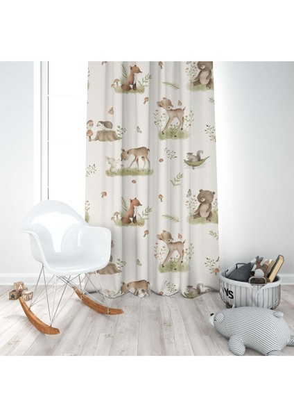 Soft Orman Hayvanları, Krem, Yeşil, Tilki, Ithal Kumaş, Çocuk ve Bebek Odası Fon Perde - 1 Kanat modelleri