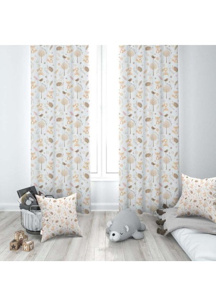 Tilki ve Kirpi, Beyaz, Ithal Kumaş Çocuk ve Bebek Odası Fon Perde 1 Kanat
