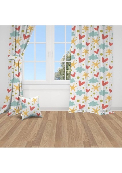 Güneşi Bulut, Kalp, Sarı, Mavi, Kırmızı, Ithal Kumaş, Çocuk ve Bebek Odası Fon Perde - 1 Kanat