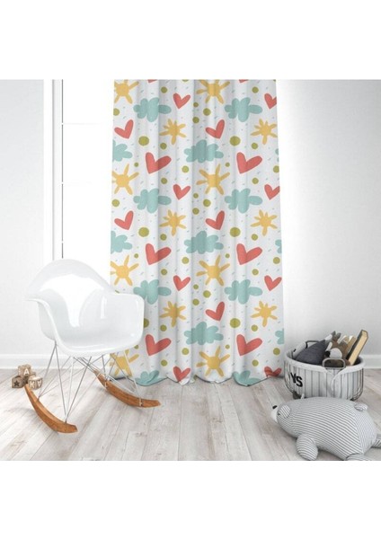 Güneşi Bulut, Kalp, Sarı, Mavi, Kırmızı, Ithal Kumaş, Çocuk ve Bebek Odası Fon Perde - 1 Kanat modelleri