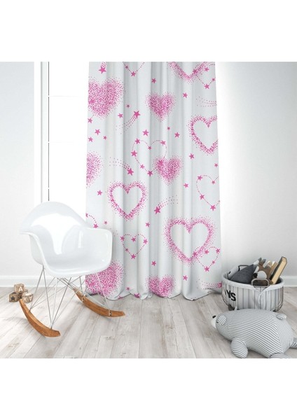 Pembe Kalpler, Pembe, Beyaz, Ithal Kumaş, Çocuk ve Bebek Odası Fon Perde - 1 Kanat modelleri