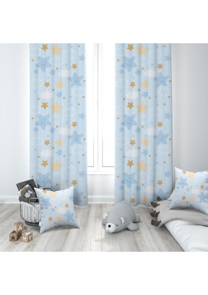 Gülen Yıldızlar ve Bulutlar, Mavi, Beyaz, Ithal Kumaş, Çocuk ve Bebek Odası Fon Perde - 1 Kanat