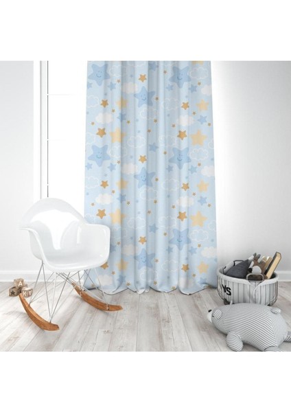 Gülen Yıldızlar ve Bulutlar, Mavi, Beyaz, Ithal Kumaş, Çocuk ve Bebek Odası Fon Perde - 1 Kanat modelleri