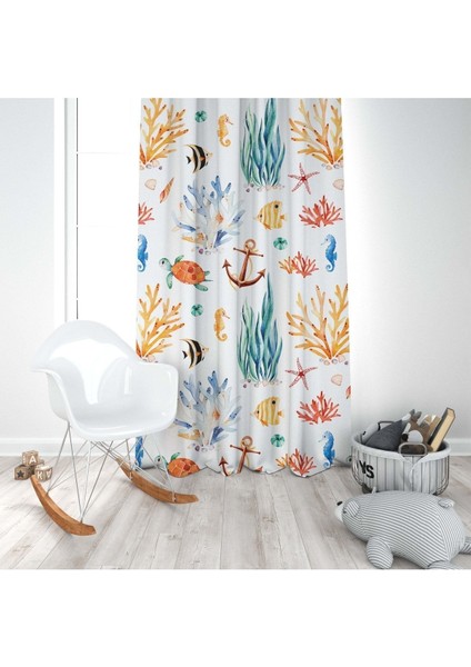 Okyanus, Deniz Altı Dünyası, Yeşil, Sarı, Ithal Kumaş, Çocuk ve Bebek Odası Fon Perde - 1 Kanat modelleri