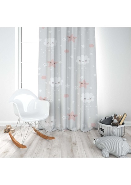 Gülen Bulutlar ve Yıldızlar, Gri, Ithal Kumaş, Çocuk ve Bebek Odası Fon Perde - 1 Kanat modelleri