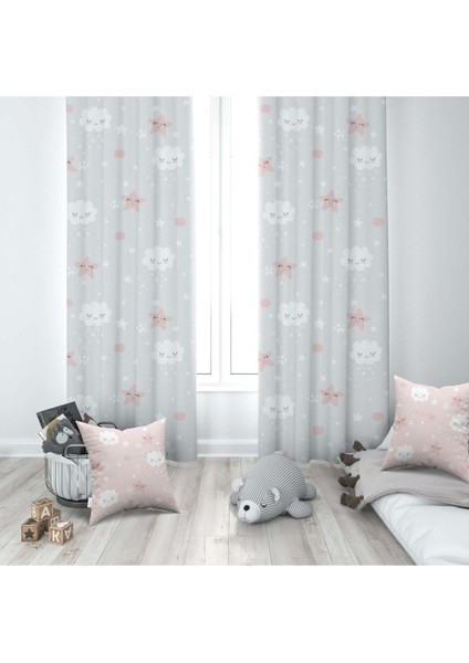 Gülen Bulutlar ve Yıldızlar, Gri, Ithal Kumaş, Çocuk ve Bebek Odası Fon Perde - 1 Kanat