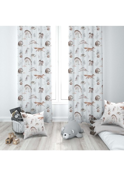 Orman Hayvanları, Ceylan, Tavşan, Beyaz, Ithal Kumaş, Çocuk ve Bebek Odası Fon Perde - 1 Kanat