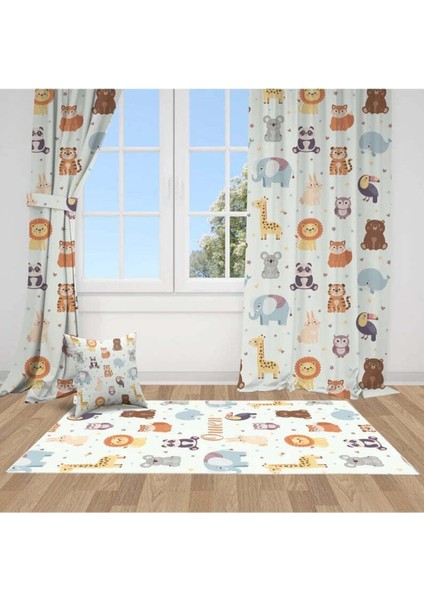 Safari Orman Hayvanları, Beyaz, Sarı, Ithal Kumaş, Çocuk ve Bebek Odası Fon Perde - 1 Kanat