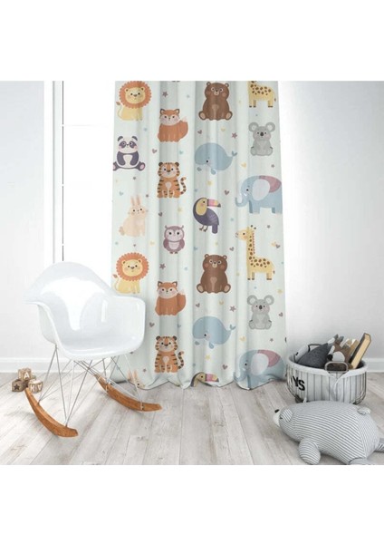 Safari Orman Hayvanları, Beyaz, Sarı, Ithal Kumaş, Çocuk ve Bebek Odası Fon Perde - 1 Kanat modelleri