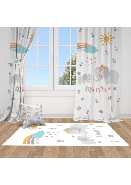 Gülen Fil ve Yavrusu, Beyaz, Gri, Ithal Kumaş, Çocuk ve Bebek Odası Fon Perde - 1 Kanat