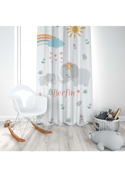 Gülen Fil ve Yavrusu, Beyaz, Gri, Ithal Kumaş, Çocuk ve Bebek Odası Fon Perde - 1 Kanat modelleri