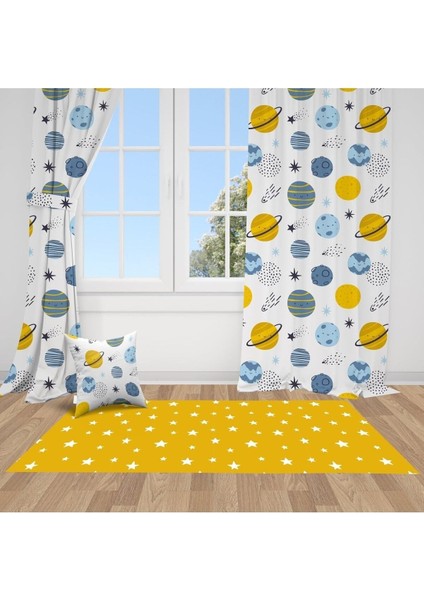 Renkli Gezegenler, Beyaz, Sarı, Ithal Kumaş Çocuk ve Bebek Odası Fon Perde - 1 Kanat